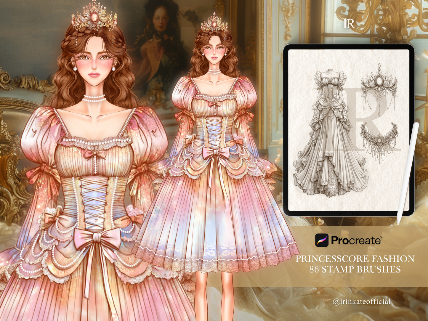 86 Procreate Stamp Brushes - Princesscore Fashion Dress Template for Fashion Design Illustration