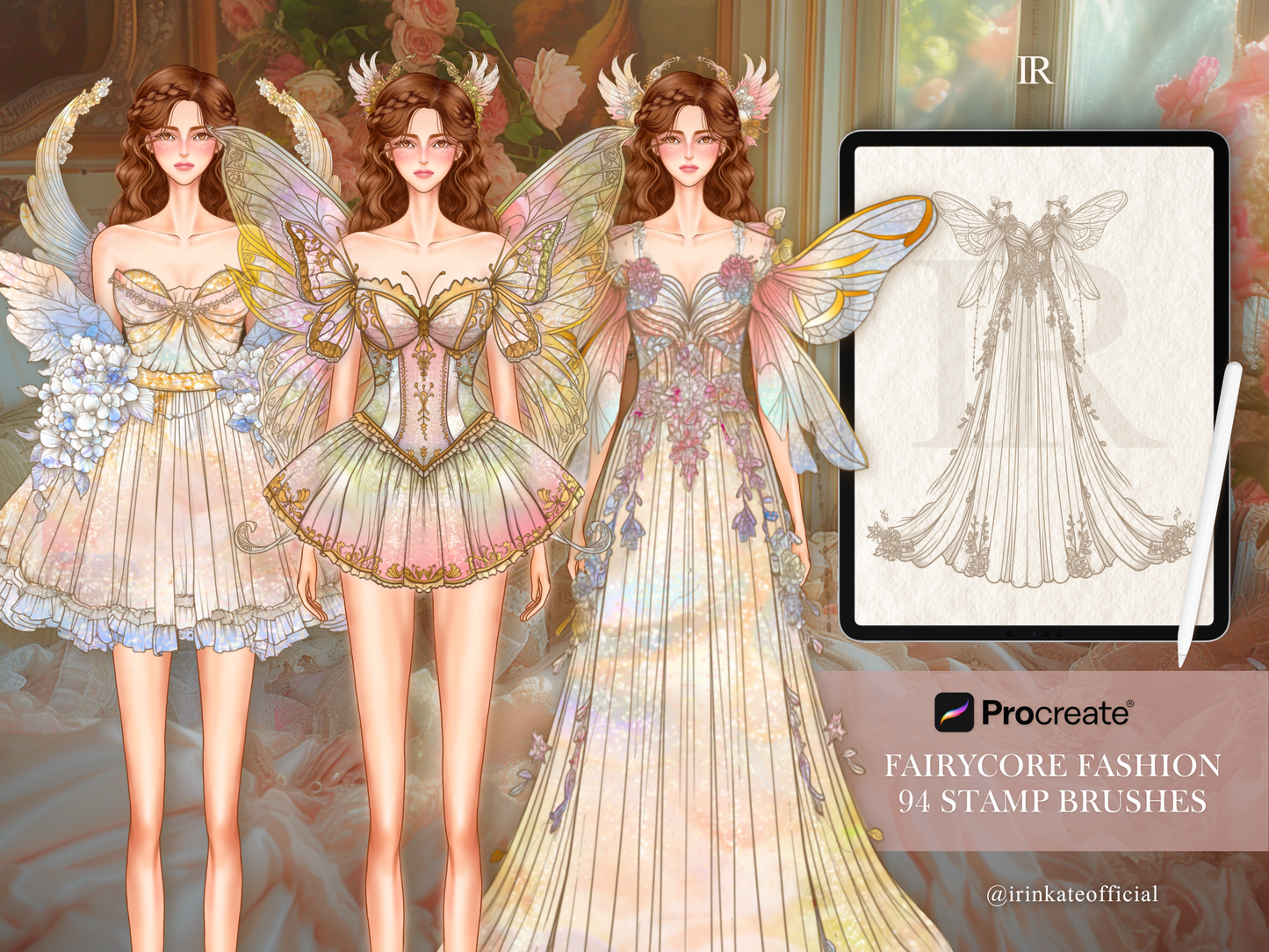 94 Procreate Stamp Brushes - Fairycore Fashion Dress Template for Fashion Design Illustration