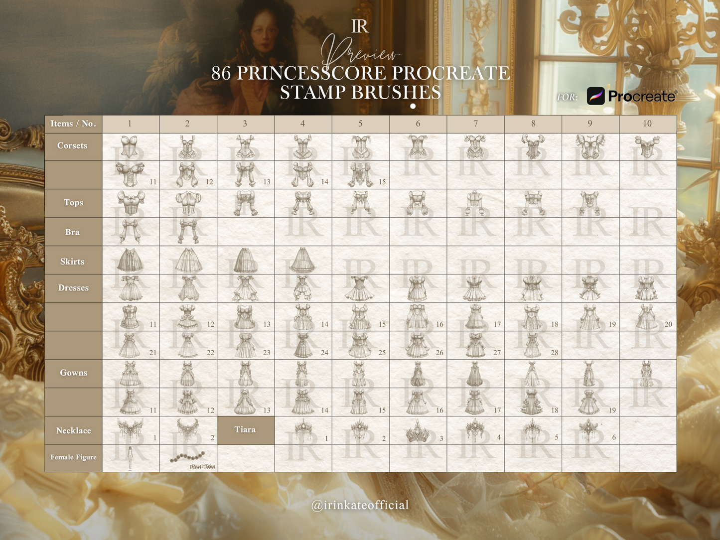 86 Procreate Stamp Brushes - Princesscore Fashion Dress Template for Fashion Design Illustration