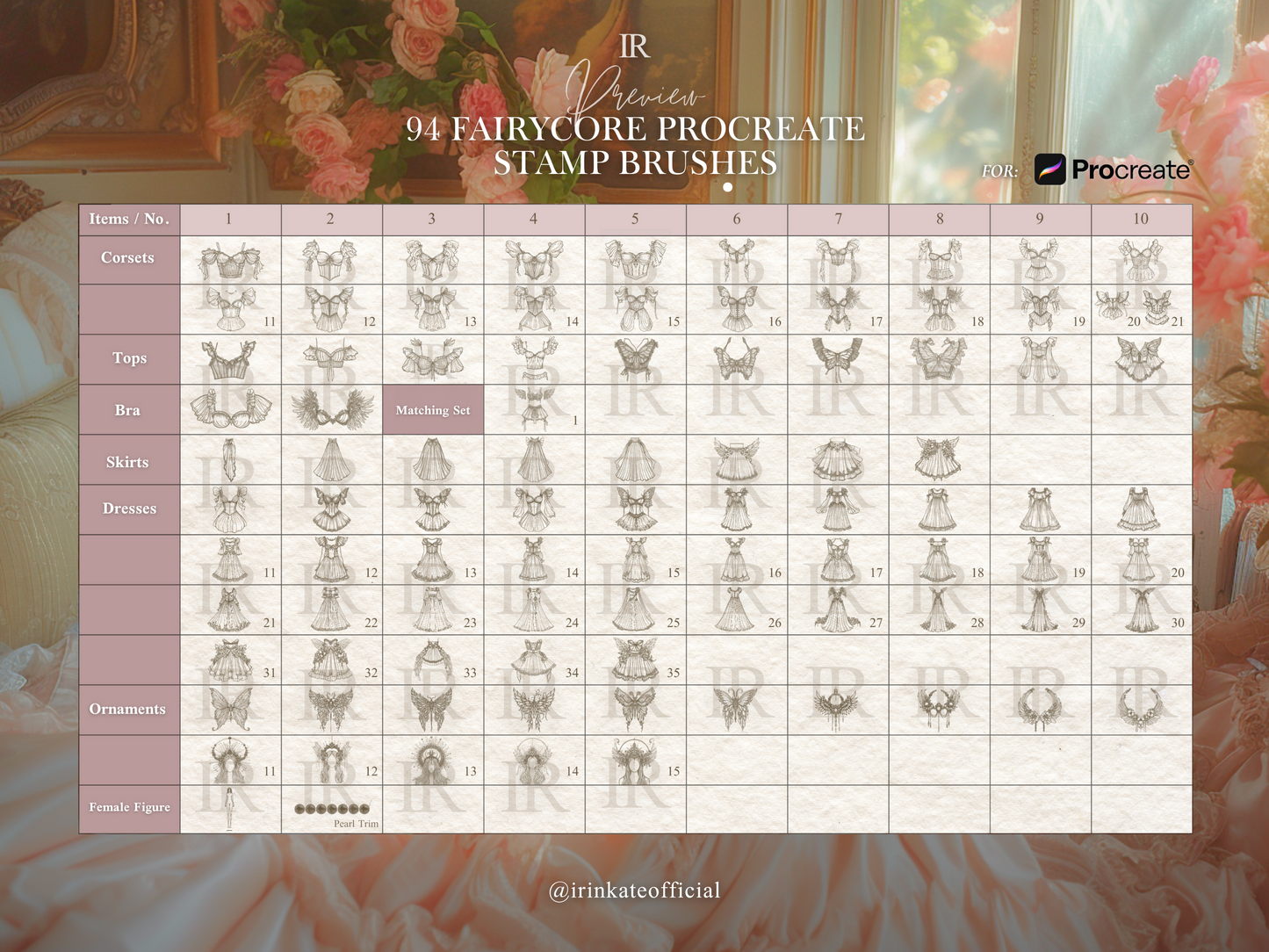 94 Procreate Stamp Brushes - Fairycore Fashion Dress Template for Fashion Design Illustration