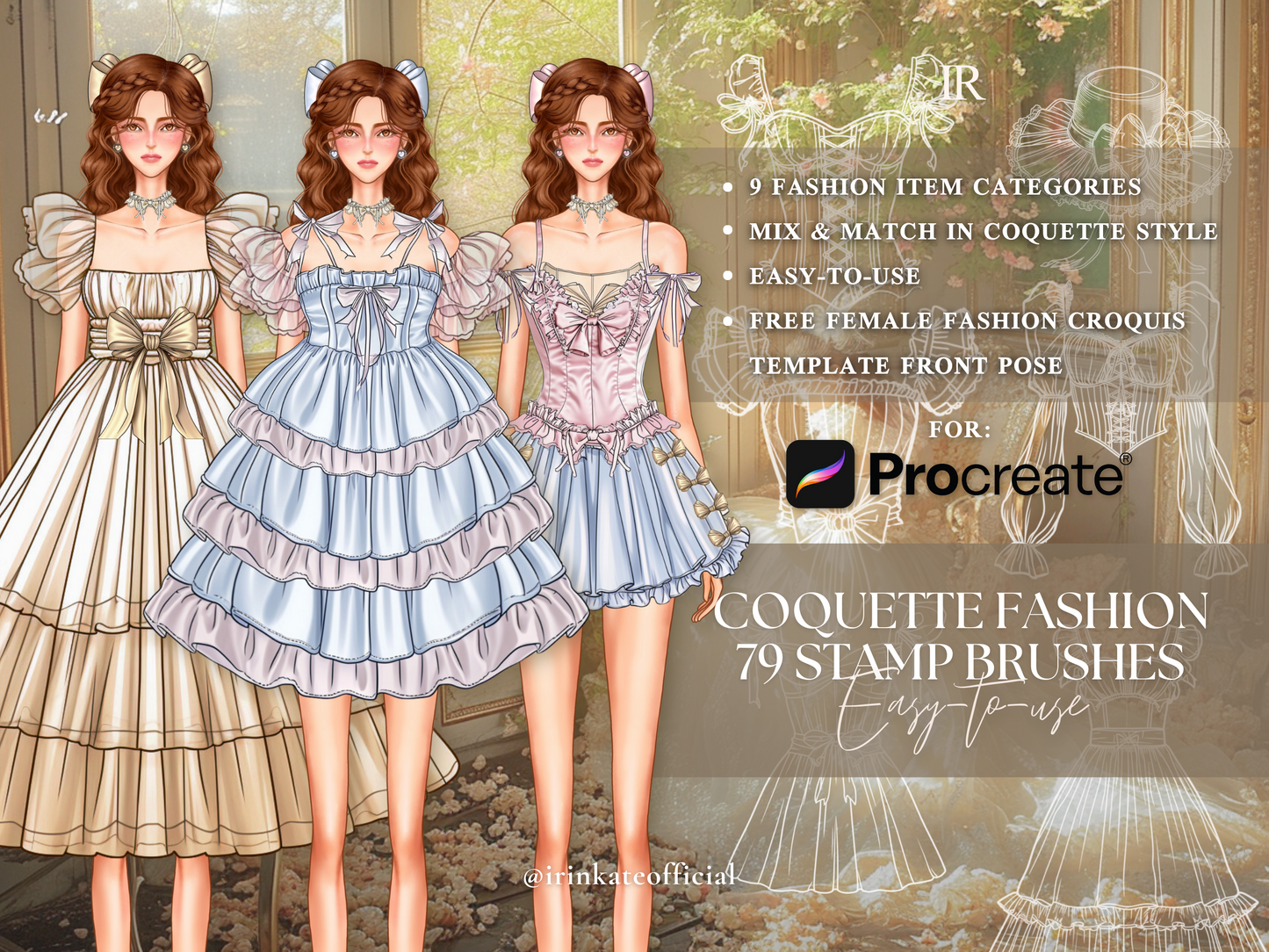 79 Procreate Stamp Brushes - Coquette Fashion Dress Template for Fashion Design Illustration